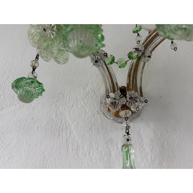 C 1920 Rare Pair Green Murano Flowers Ribbon Crystal Sconces One of Kind For Sale - Image 12 of 12