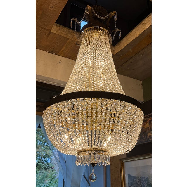 Monumental Bronze and Cut Crystal Basket Chandelier, 1930s For Sale - Image 6 of 7