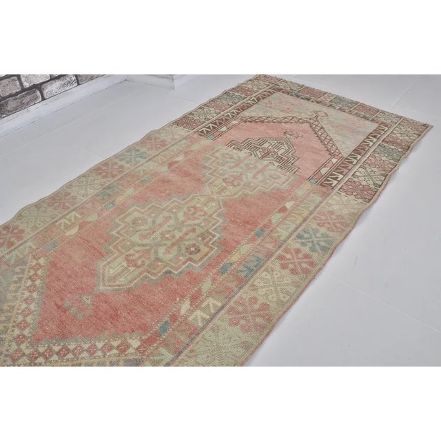 Geometric Medallion Turkish Rug, Low Pile Distressed Antique Rug For Sale In Phoenix - Image 6 of 10
