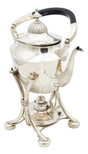 Fluted Silver Kettle on Trivet with Raised Circular Feet, Lamp and Chestnut Handle