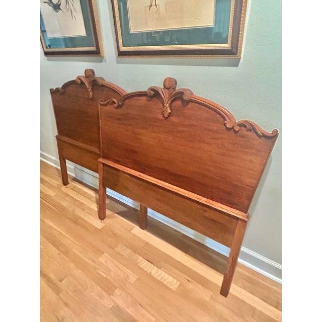 1940’s French Provincial Louis XV Style Walnut Twin Headboards With Carved Crest - A Pair For Sale - Image 9 of 12