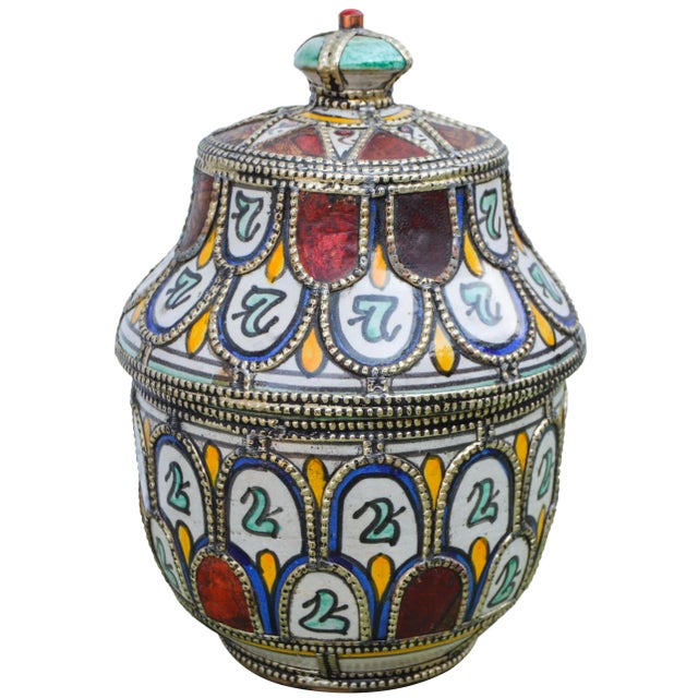 Handcrafted and glazed ceramic lidded bowl with an elaborate hand-painted Moorish pattern in a traditional Andalusian...