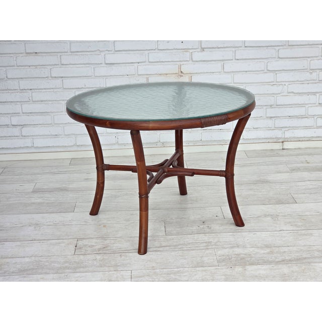 Danish Coffee Table and Armchairs in Rattan and Nubuck Fabric, 1970s, Set of 5 For Sale - Image 11 of 18