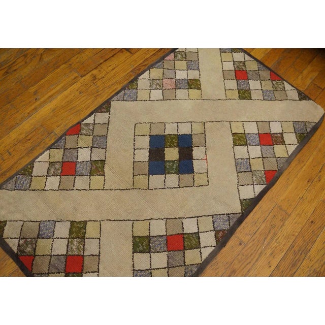 American Fantastic Tan Beige Color and Interesting Rhombus Shapes Patters Antique American Hooked Rug, For Sale - Image 3 of 8