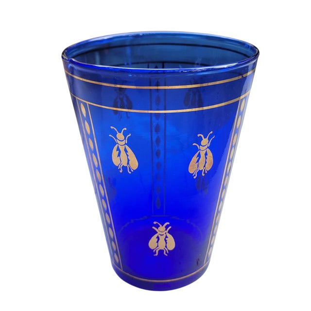 Vintage Boho Mid Century Hand Blown Cobalt Blue Glass Vase With Gold Honey Bee Accents For Sale - Image 18 of 18