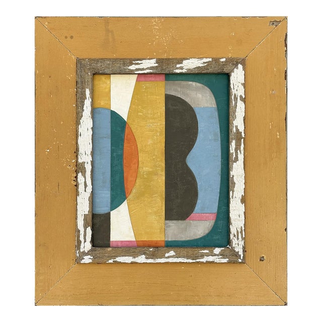 Contemporary Abstract Oil Painting in Vintage Mustard Yellow Wooden Frame For Sale