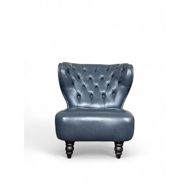 Vintage & Uniqe Chesterfield-style slipper chair in rich blue leather.