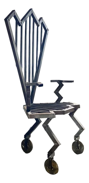 Industrial Welded Sculptural Steel Throne Chair on Brass Casters