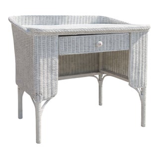 Vintage White Wicker Writing Desk / Vanity Table With Drawer For Sale