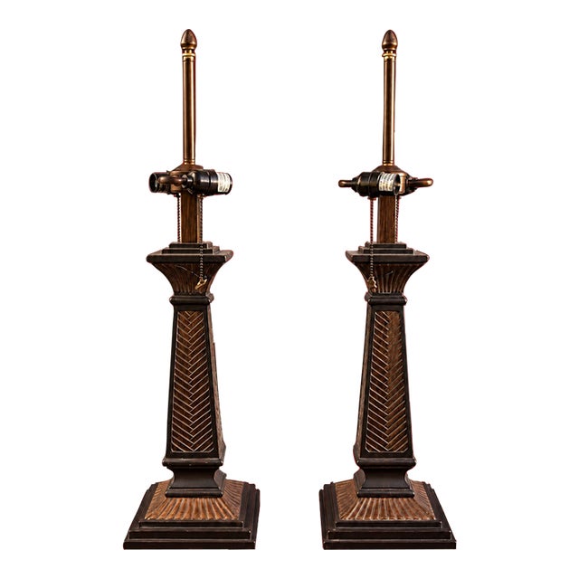 Neoclassical Bronze-Tone Column Table Lamps - Pair For Sale