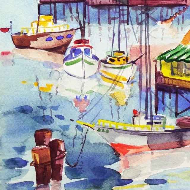 Modern 'Fisherman's Wharf, Monterey' by Muriel Backman, 1955; Crocker Art Museum California Modernist For Sale - Image 3 of 9