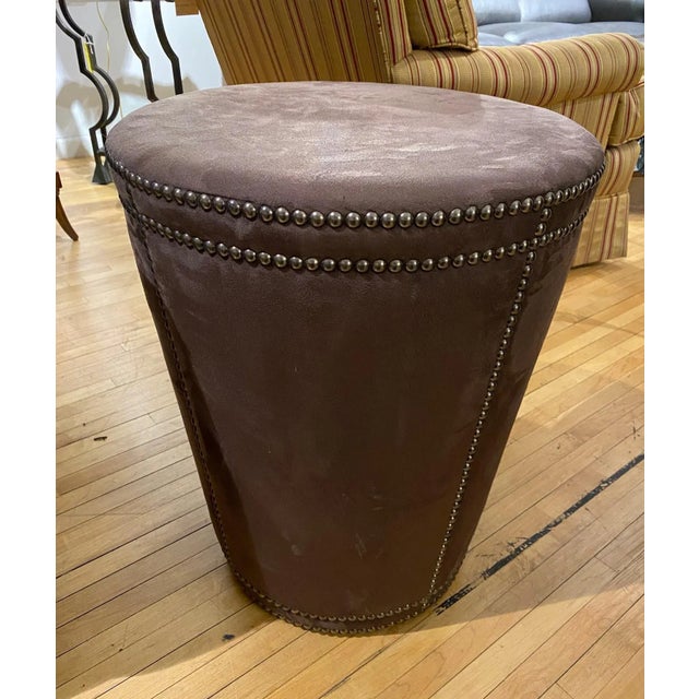 Contemporary Bernhart Pomona Ottoman Brown Tapered Cylinder With Nailheads For Sale - Image 3 of 8