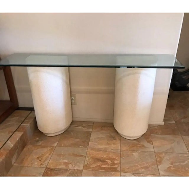 Mid-Century Modern 1980s Moidernist Off-White Demi-Lune Plaster Double Pedestal Console Table With Glass Top For Sale - Image 3 of 12