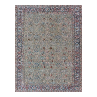Antique Persian Khorassan Rug With Floral Design in Honey Cream & Dusty Blue 9 X 12'5 For Sale