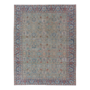 Antique Persian Khorassan Rug With Floral Design in Honey Cream & Dusty Blue 9 X 12'5