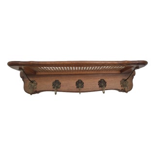 Vintage Viennese Oak Cane Wall-Mounted Coat Rack with Brass Hooks in Putto Motifs, 1960s For Sale