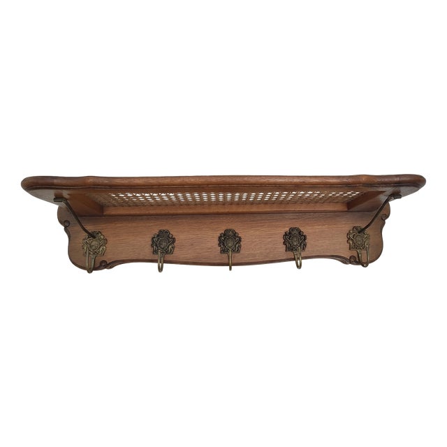 Vintage Viennese Oak Cane Wall-Mounted Coat Rack with Brass Hooks in Putto Motifs, 1960s For Sale
