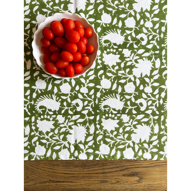 Block Printed Cotton Olive Green Table Runner Secret Garden | Lizzet Frausto For Sale - Image 4 of 6