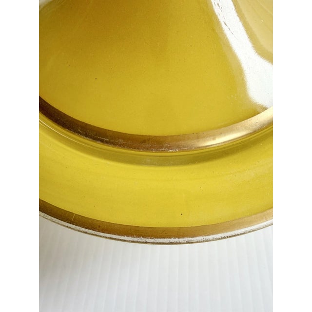 Early 20th Century Early 20th Century Art Deco Glass Pedestal Compote or Candy Dish Yellow With Gold Trim, Fleur-De-Lis Handle For Sale - Image 5 of 16