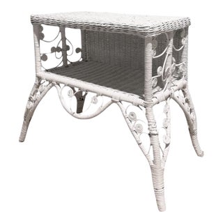 Hollywood Regency White Wicker Side Table Magazine Rack For Sale