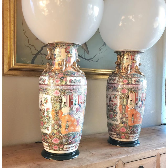 Pair of Large Table Lamps Rose Medallion 19th Century Porcelain Palace Vases Custom Made Globe Lamps For Sale - Image 4 of 12