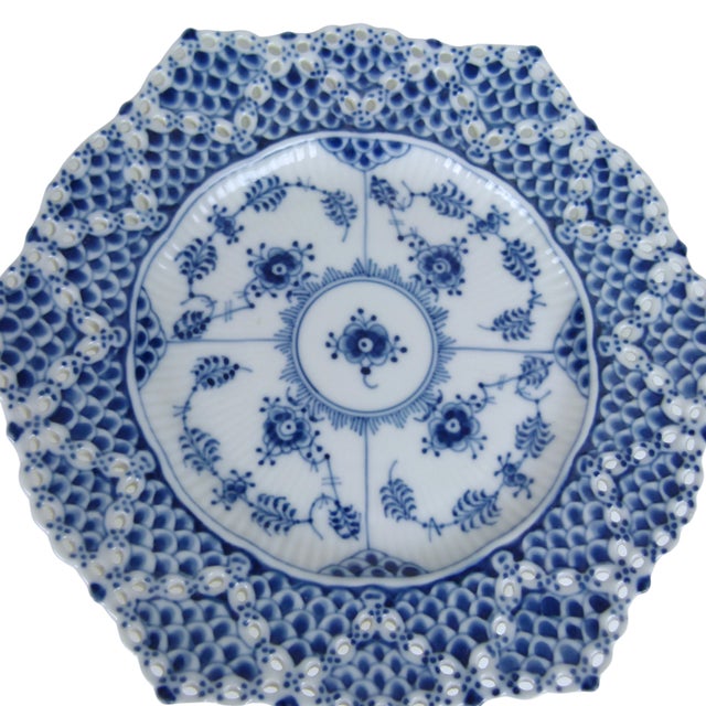 Ceramic Vintage Royal Copenhagen Blue Fluted Double Full Lace Hexagonal Plate No. 1094 First Quality 1975 to 1979 For Sale - Image 7 of 11