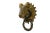 A solid brass ram's head door knocker in a green finish with a barley twist loop handle. Set on a starburst shaped back...