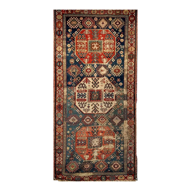 Antique Caucasian Kazak Rug, Medallion Pattern, Hand-Knotted Wool, Blue & Red, 4' x 8' For Sale