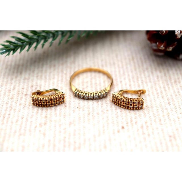 Earrings and Ring in 19.2k Gold with Diamonds, Set of 3 For Sale - Image 4 of 7