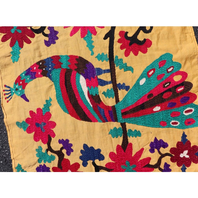 Antique Uzbekistan Suzani Runner With Colorful Peacock and Botanical Design For Sale - Image 10 of 14