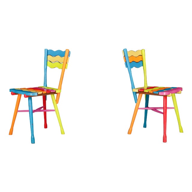 Mid-Century French Folk Art Painted Beechwood Chairs, France, 1960s, Set of 2 For Sale