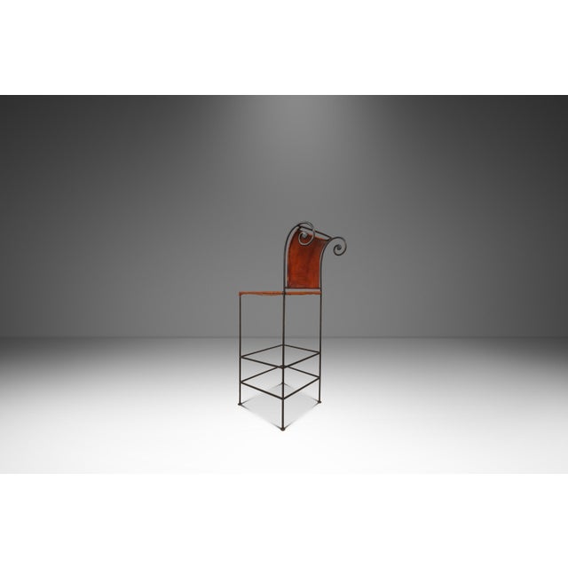 Set of Two (2) Counter Height Wrought Iron Spanish Hacienda Barstools With Hand-Worked Full Grain Leather, C. 1960s For Sale - Image 4 of 18