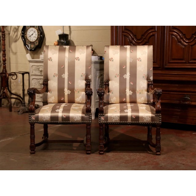 Late 19th Century Pair of 19th Century French Louis XIII Walnut Fauteuils With Carved Ram Heads For Sale - Image 5 of 12