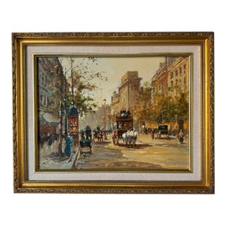 Vintage Parisian Street Scene Oil on Plywood – Framed For Sale