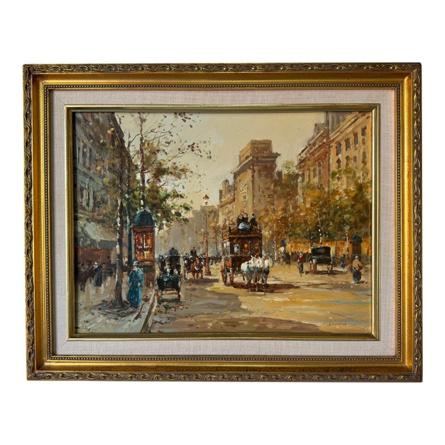 Vintage Parisian Street Scene Oil on Plywood – Framed For Sale