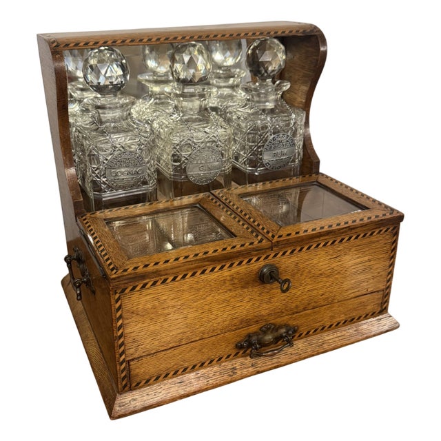 Antique Victorian Oak Marquetry Strung Tantalus, 1880, Set of 6 For Sale