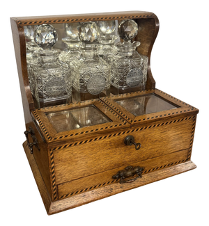 Antique Victorian Oak Marquetry Strung Tantalus, 1880, Set of 6