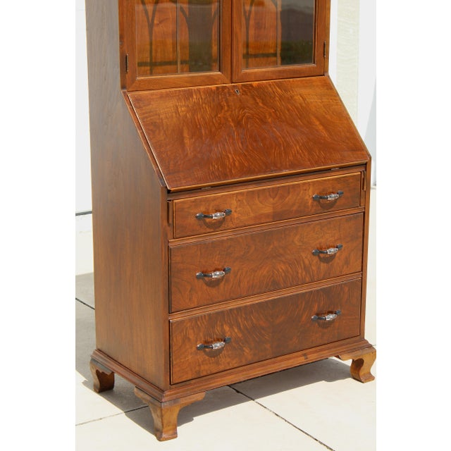 Vintage Georgian Revival Flame Mahogany Secretary Desk Bookcase With Glass Doors, Circa 1940s–1950s For Sale - Image 9 of 18
