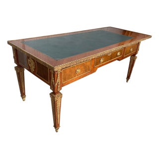 French Louis XVI Style Writing Desk Bureauplatt, Bronze Gilt Mounts Leather Top For Sale