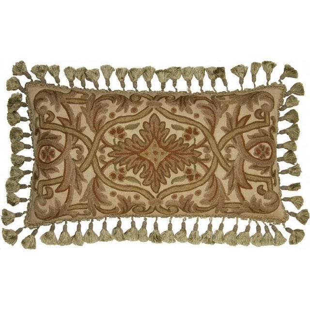 Traditional Hand-Embroidered Throw Pillow With Tassel Trim For Sale - Image 3 of 3