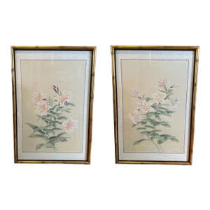 Pair of Asian Inspired Botanical Prints in Gold Bamboo Frames