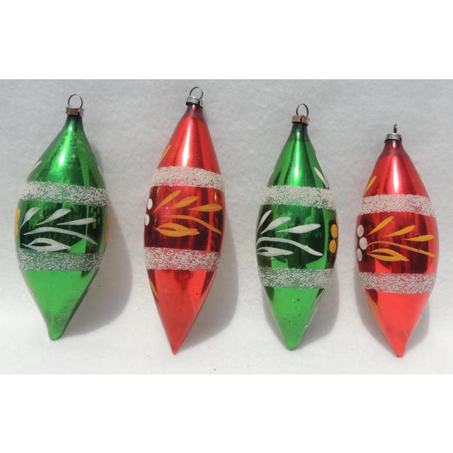 Vintage 4.5" West Germany Red & Green Mercury Glass Hand Painted Teardrop Christmas Tree Ornaments - Set of 4 For Sale In West Palm - Image 6 of 7