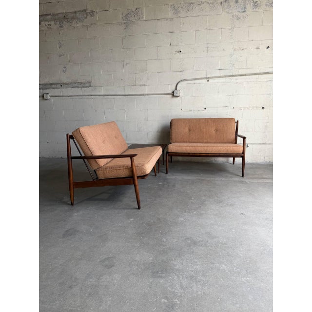 Mid Century Walnut Sofa Set Loveseat Pair + Coffee Table 3 Piece For Sale - Image 4 of 10