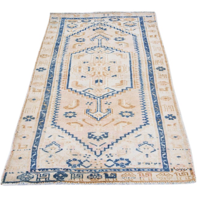 Persian 1960s Vintage Persian Hamadan Beige Handmade Medallion Wool Rug For Sale - Image 3 of 8
