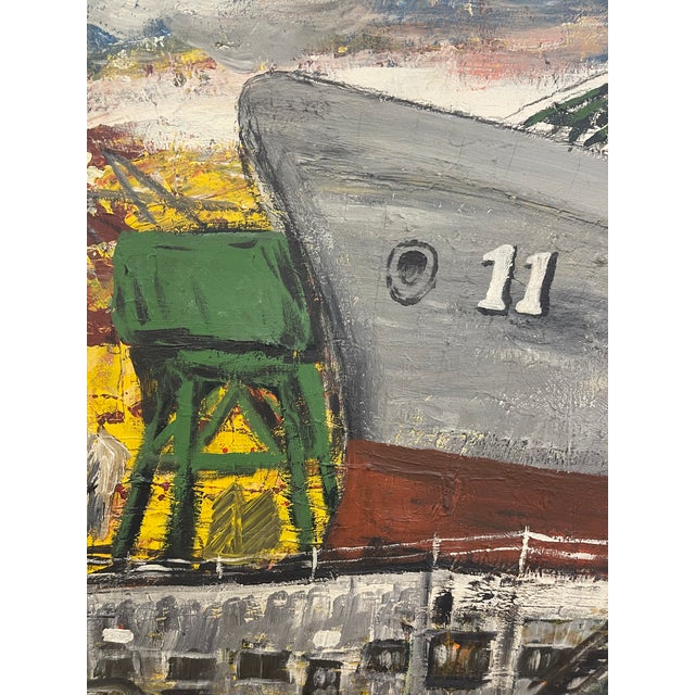 Vintage Mid-Century Industrial Shipyard Painting Signed Framed Harbor Maritime Scene. For Sale - Image 10 of 10