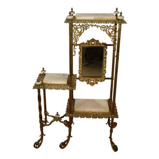 1900s Antique Victorian Brass & Onyx Mirrored Etagere / Display Stand For Sale