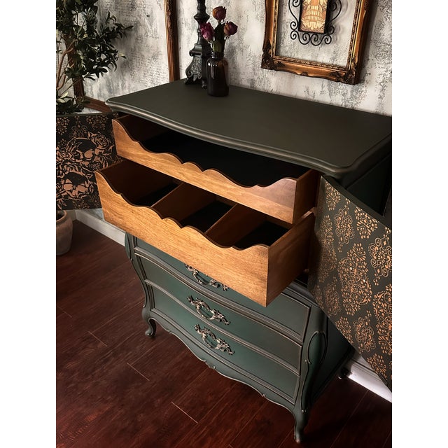 Wood 1960s Century French Provincial Bombé Highboy — Hand Finished Forest Green, Bronze, Skull & Rose Damask Interior For Sale - Image 7 of 8