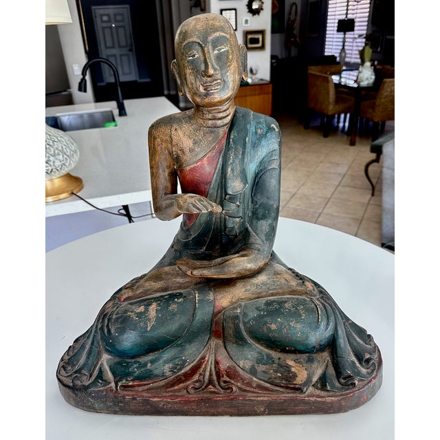 Antique Burmese Buddhist Monk Polychrome Wood Carving Statue For Sale - Image 18 of 18