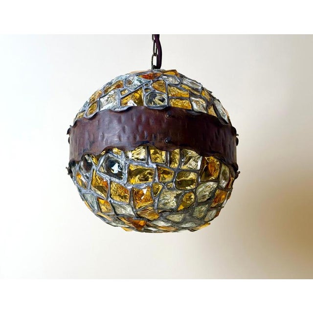 Metal Art Nouveau Austrian Amber and Clear Chunk Glass Globe Pendant, 1910 For Sale - Image 7 of 18