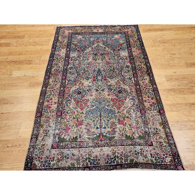 1900 - 1909 Antique Persian Kerman Lavar Rug, Hand-Knotted Wool, Tree of Life Pattern, Ivory & Turquoise, 5x8 For Sale - Image 5 of 14
